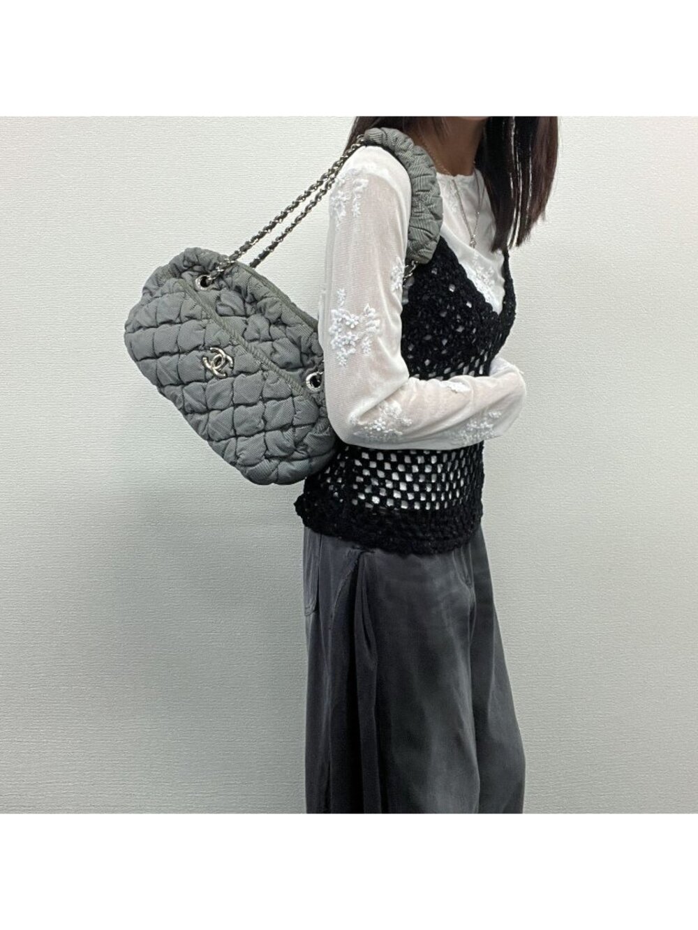 Chanel Bubble Quilt CC Logo Stripe Chain Shoulder Bag Fabric Black White Silver
